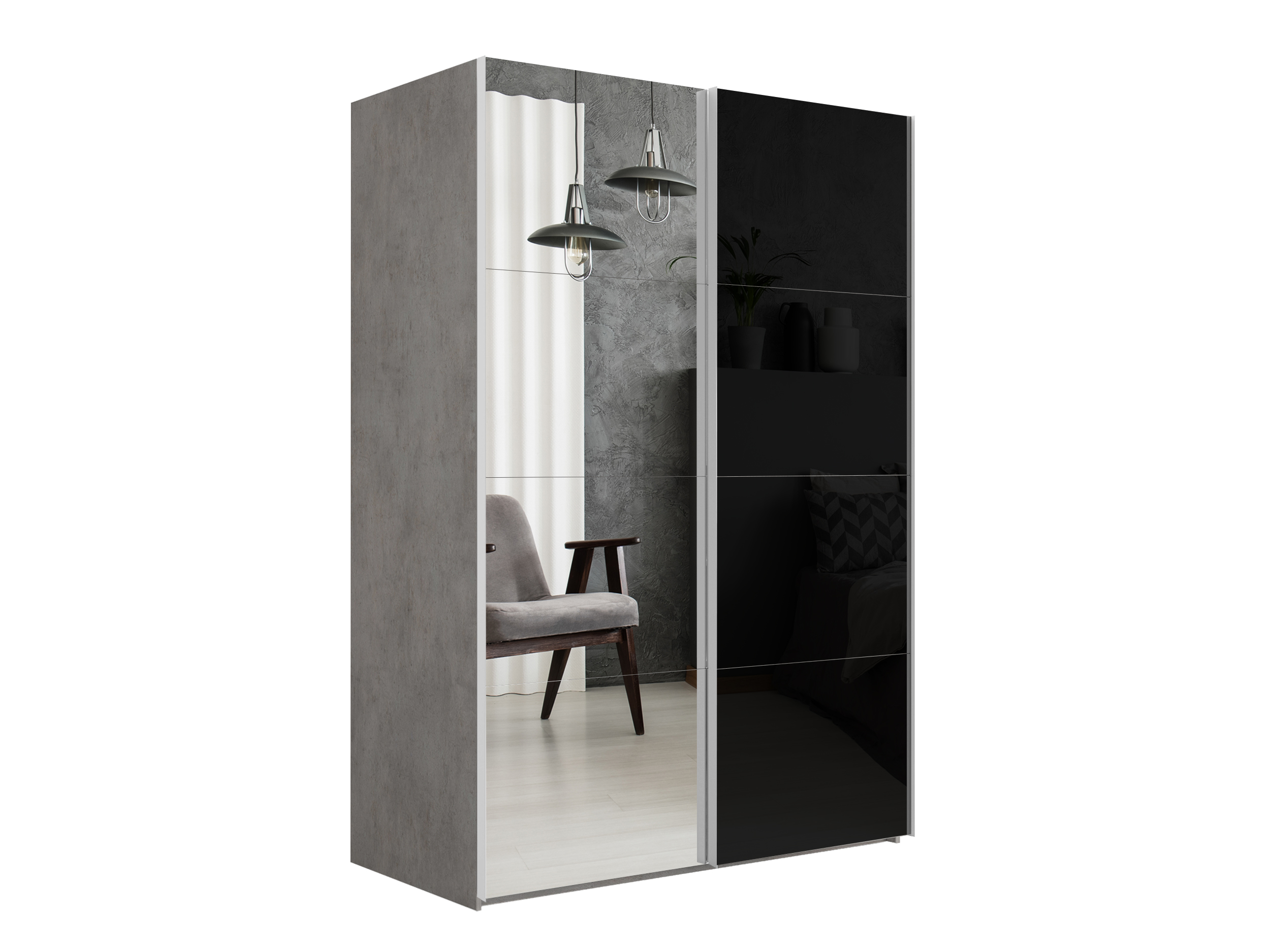 картинка Шкаф Эста Дуо Бетон фасады Зеркало/Черное стекло  2400х1600х660 от магазина DFCH 