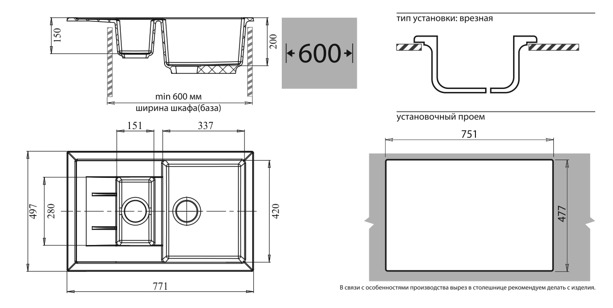 GF-Q-775KL Мойка (в базу 600мм) мрамор QUADRO 1.5-чаши с крылом 775*500мм купить по цене от  в Петербурге и Москве
