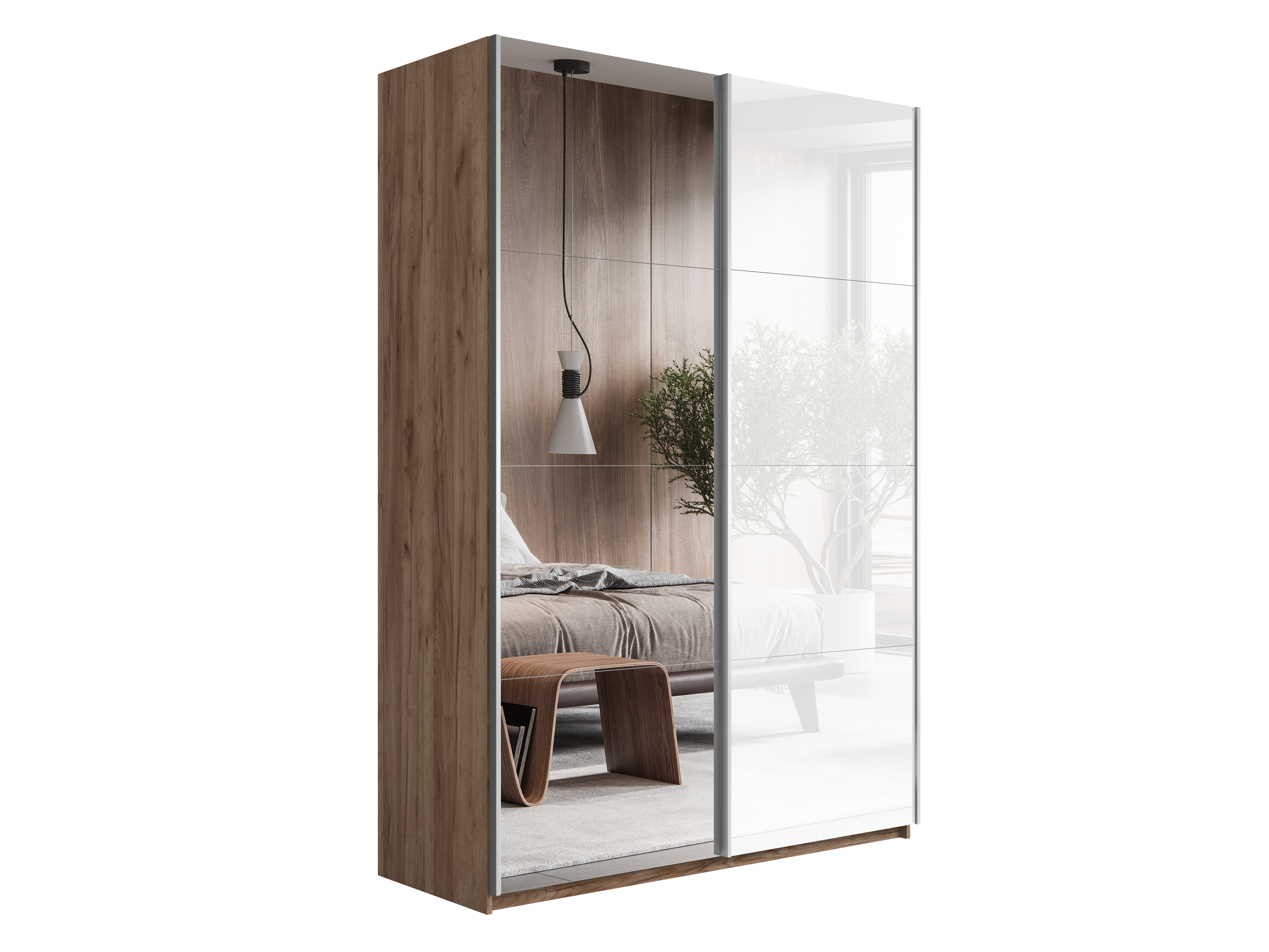 картинка Шкаф Прайм дуо Крафт Табачный фасад дверей  Белое стеклог+зеркало 2300 х 1200 х 570 от магазина DFCH 