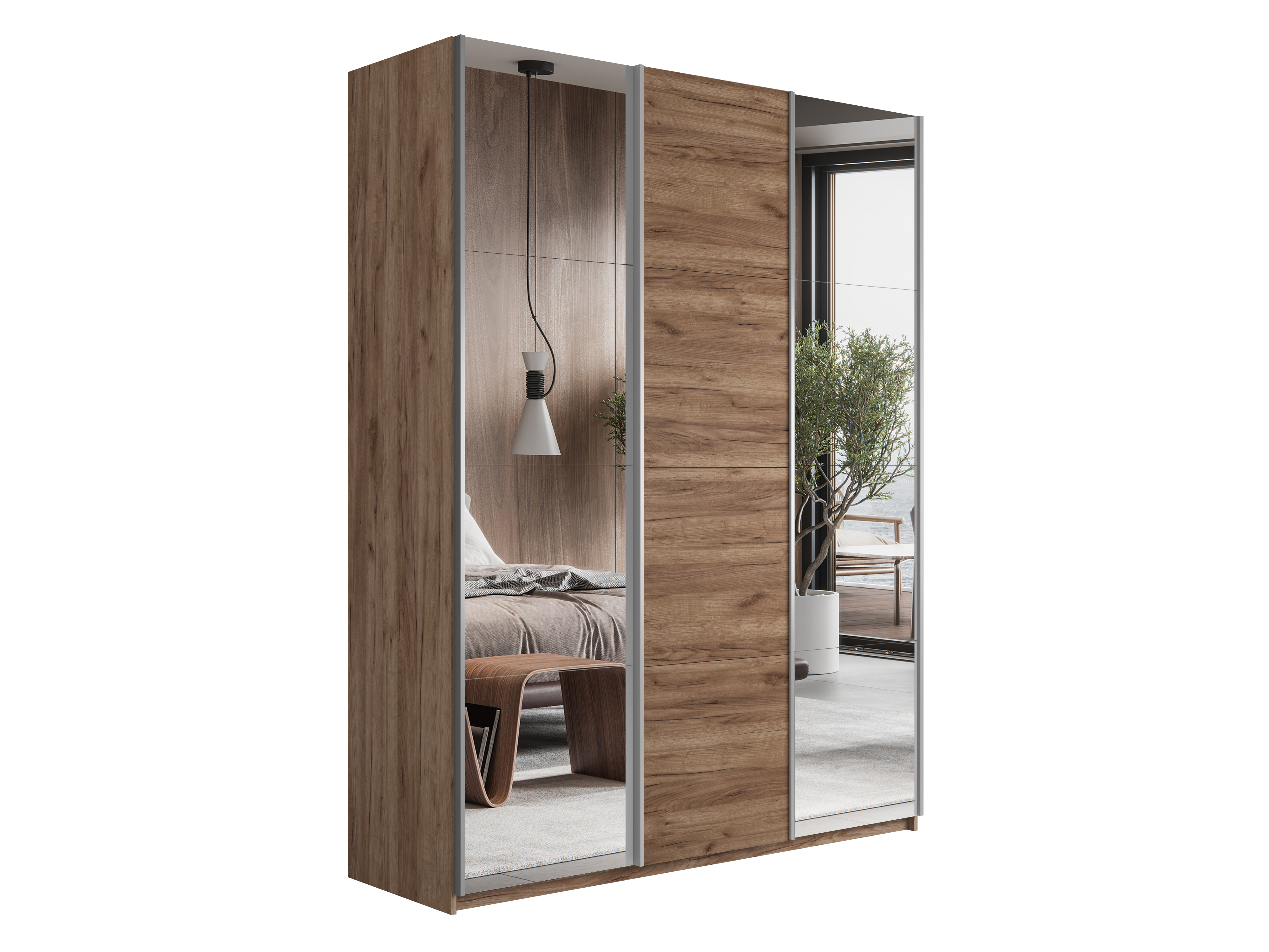 картинка Шкаф Прайм трио 1ДСП+2 зеркало (Крафт Табачный) 2300х2100х570 от магазина DFCH 