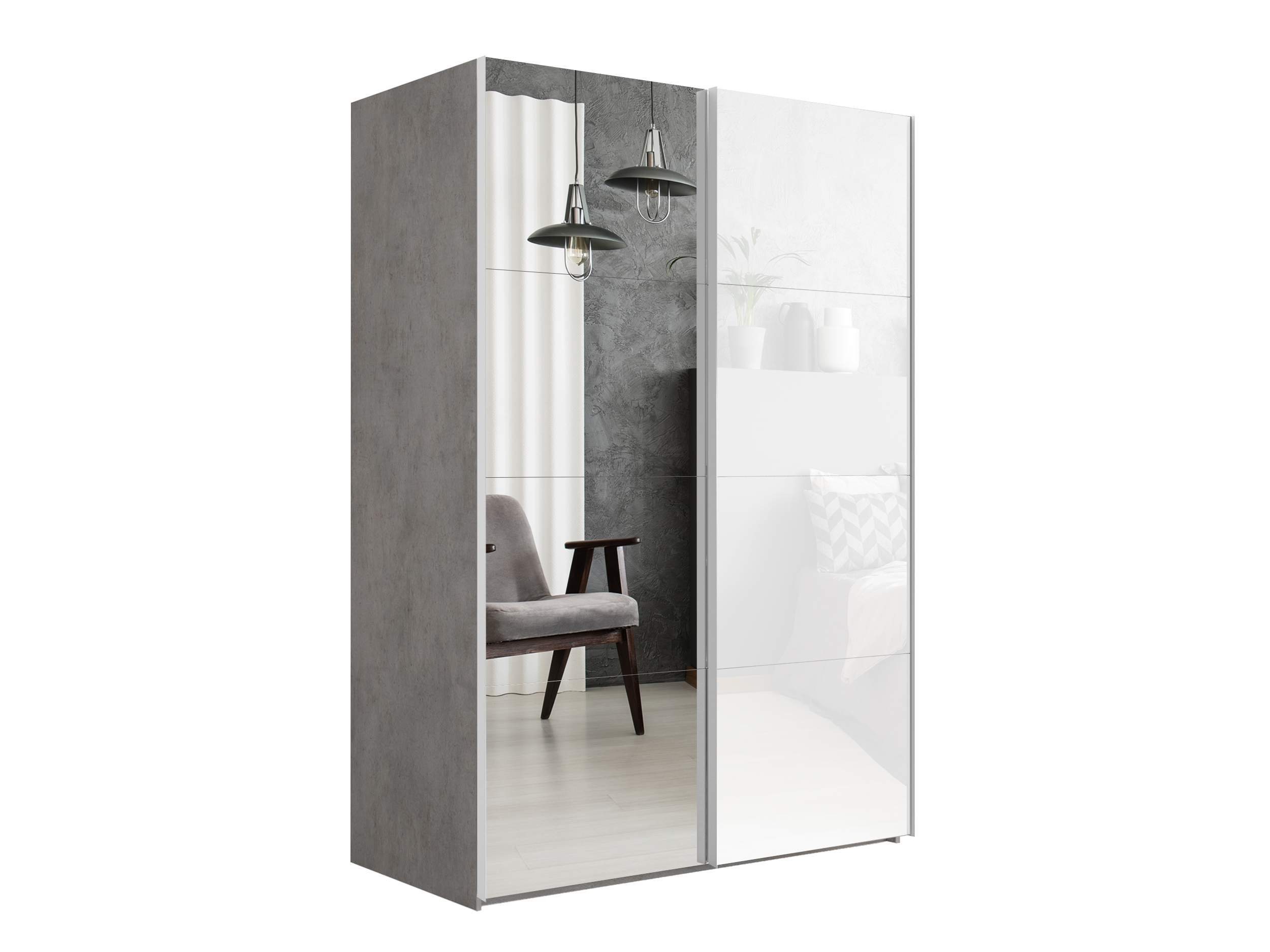 картинка Шкаф Эста Дуо Бетон фасады Зеркало/Белое стекло  2400х1600х660 от магазина DFCH 
