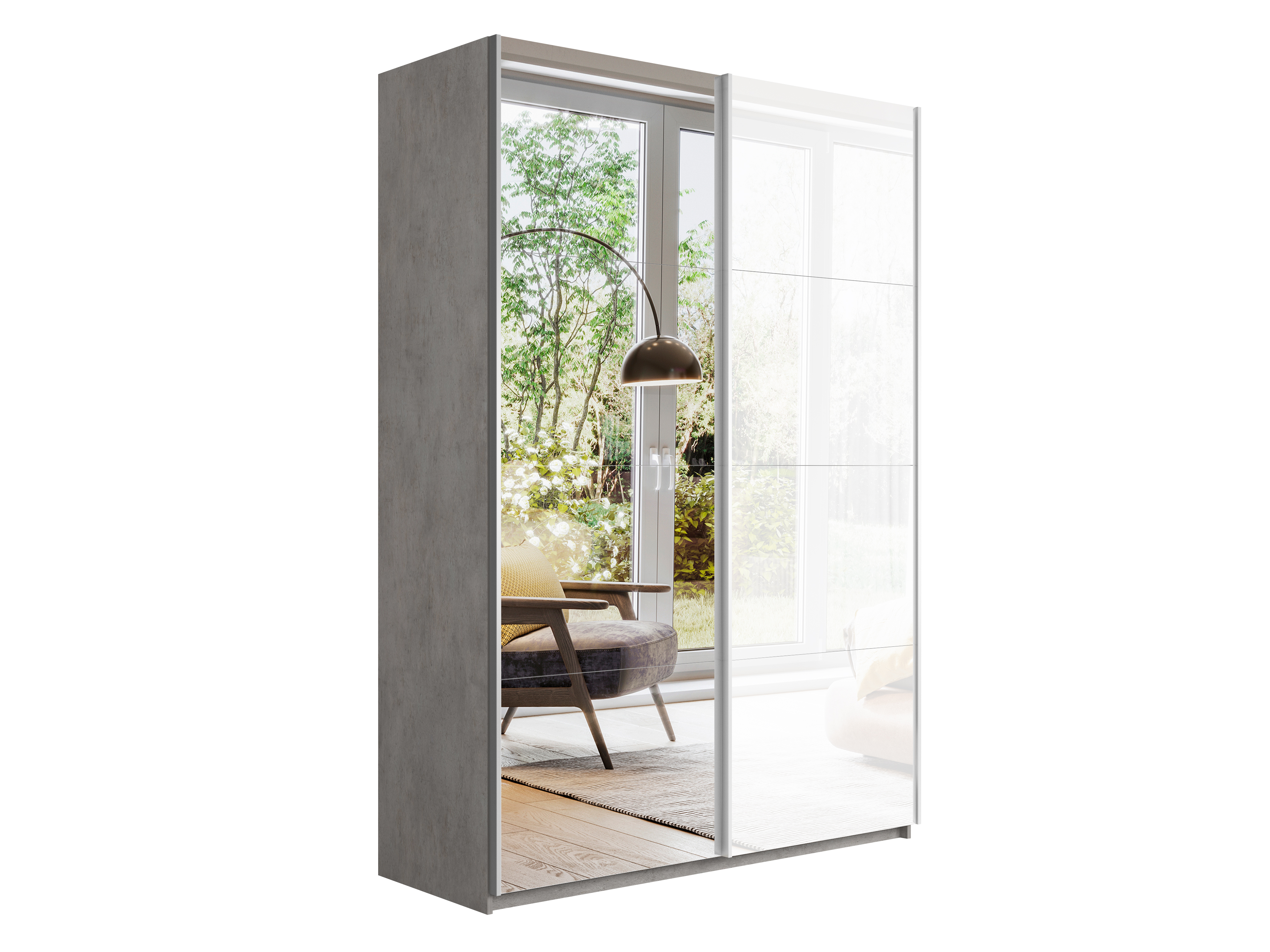 картинка Шкаф Прайм дуо Бетон фасад дверей  Белое стеклог+зеркало 2300 х 1200 х 570 от магазина DFCH 