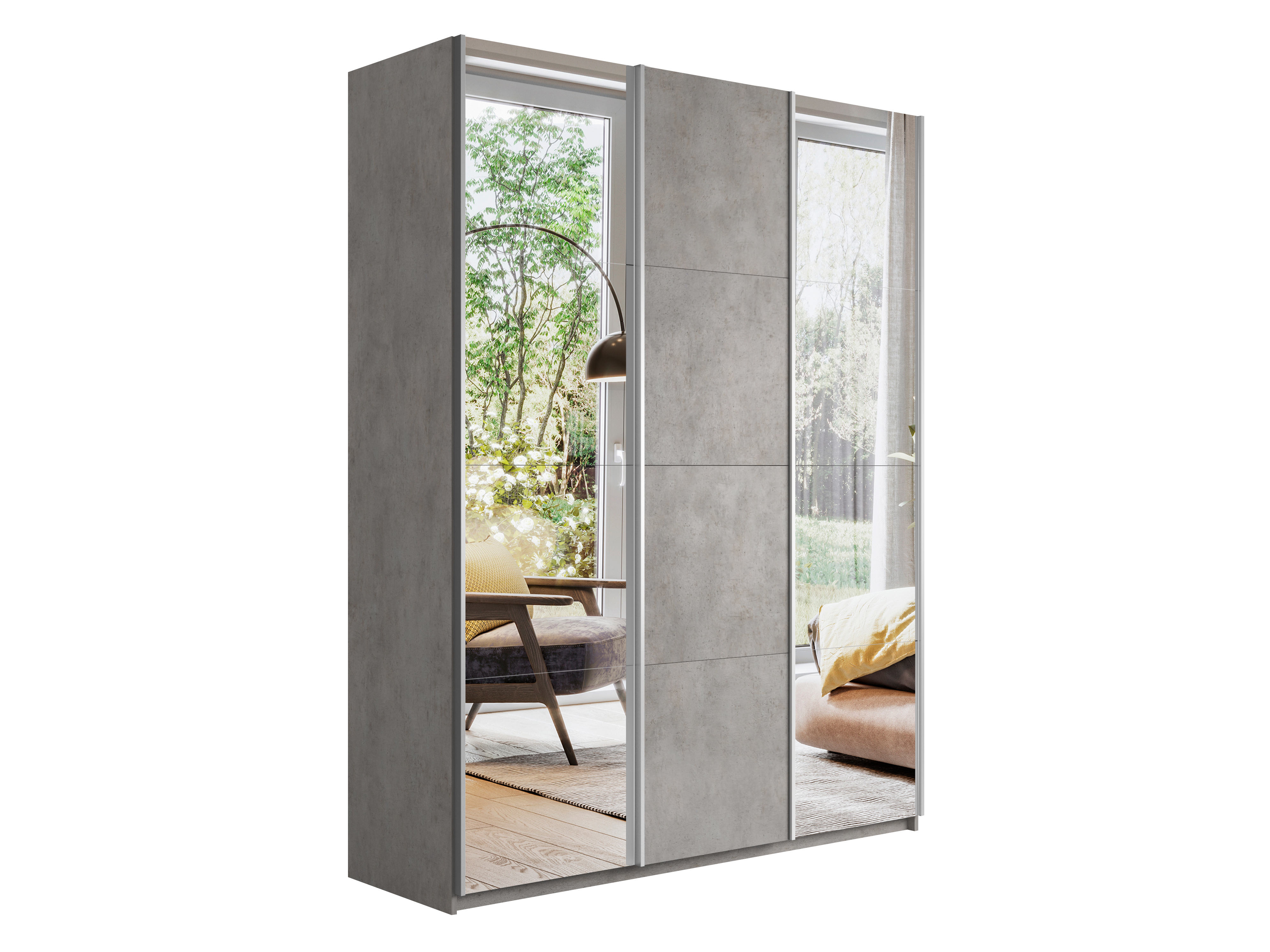 картинка Шкаф Прайм трио 1ДСП+2 зеркало (Бетон) 2300х2100х570 от магазина DFCH 